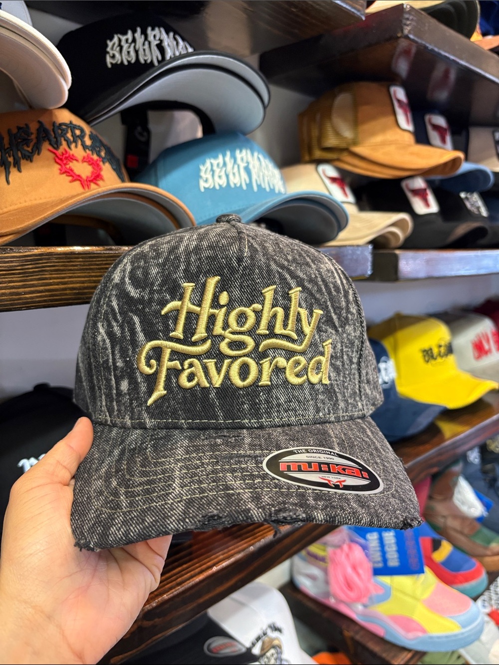 Highly Favored Embroidered Black Washed Cap